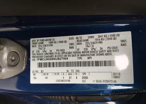 2022 Ford Escape Se from USA, damaged, VIN 1FMCU9G69NUB27504